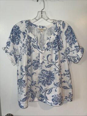 Lucky Brand White Blouse with Blue Floral Motif